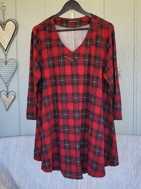 Monnuro - Red Tartan Plaid 3/4 Sleeve Tunic Top - Size XL